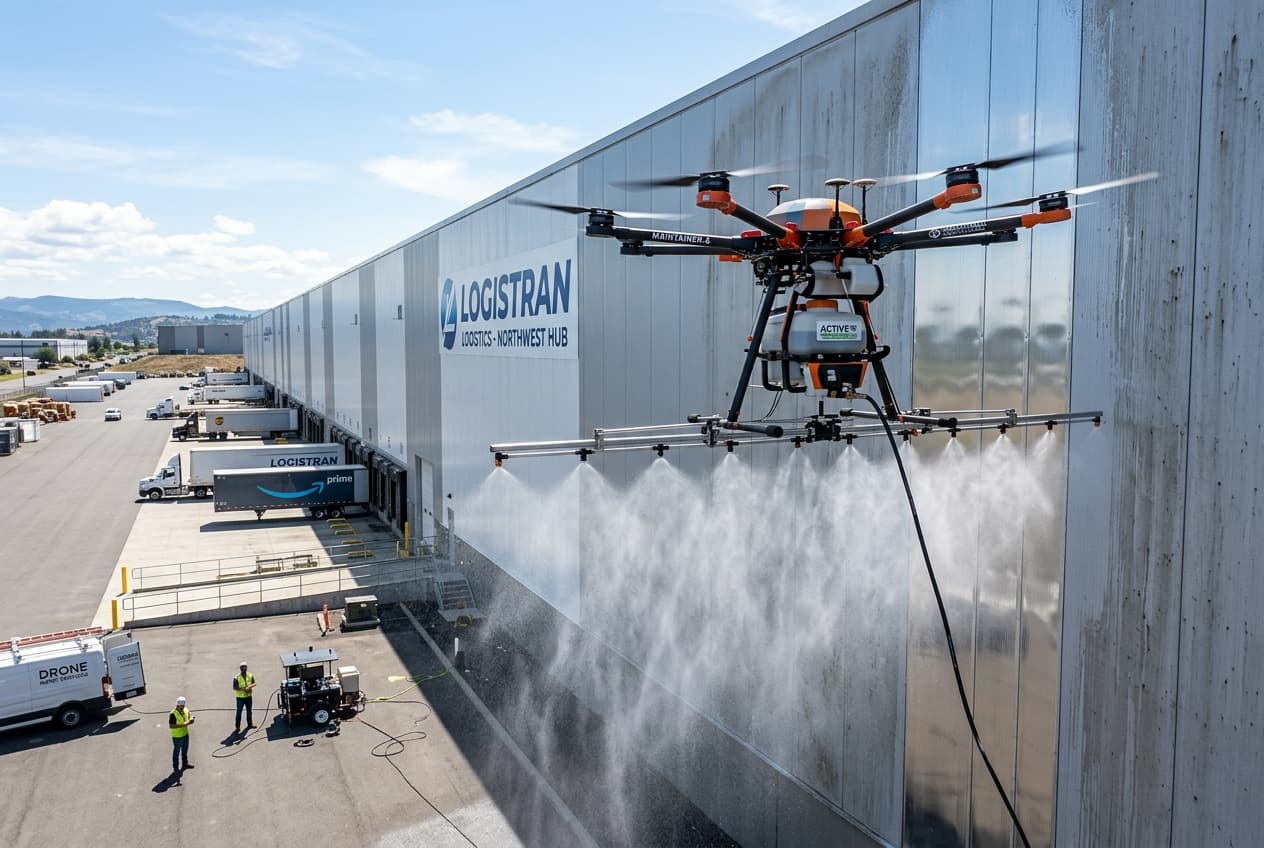 Drone professionnel lavant le bardage d’un bâtiment logistique