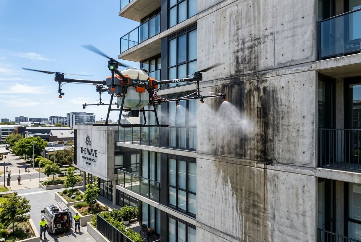 Drone nettoyant une façade d’immeuble à basse pression régulée