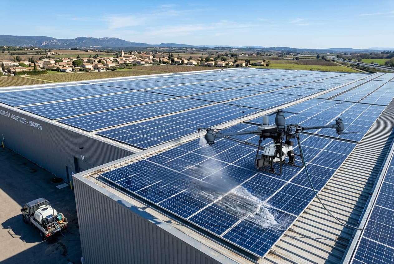 Drone lavant une installation de panneaux solaires à l’eau déminéralisée