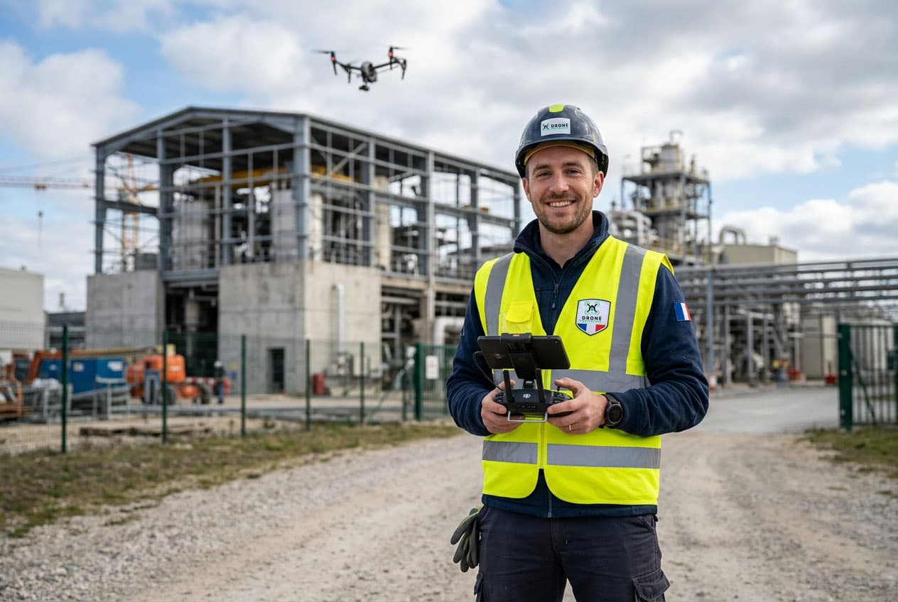 Télépilote utilisant sa radiocommande devant un bâtiment industriel