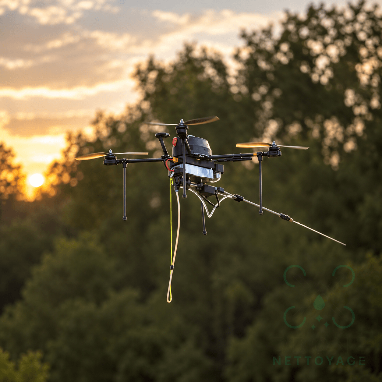 Drone d'intervention longue portée en vol stationnaire au coucher du soleil