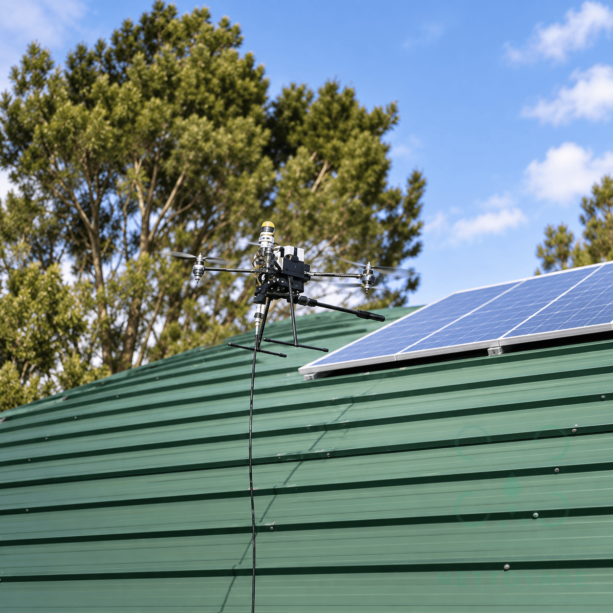 Nettoyage de panneaux solaires photovoltaïques sur bac acier à l'eau pure